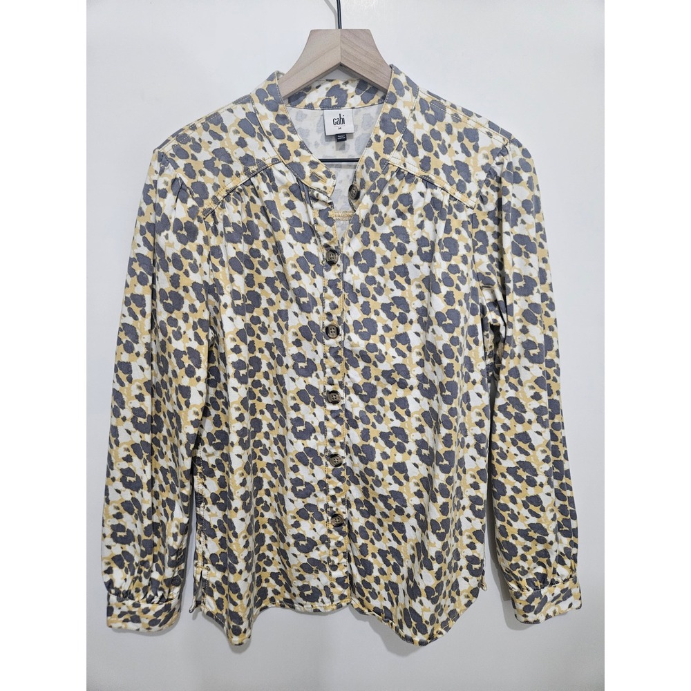 Cabi 5854 Leopard Print Button Down Shirt Yellow Grey Lyocell Blend Women Medium